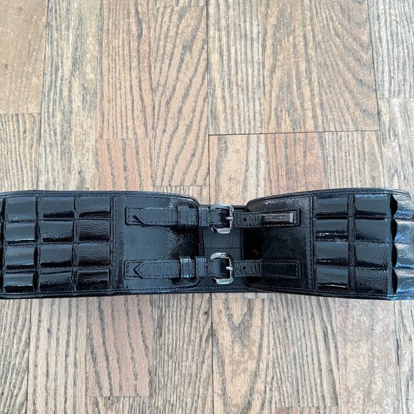 AUTHENTIC UNIQUE BURBERRY BLACK LEATHER WIDE FASHION BELT 36 90 - Picture 1 of 9